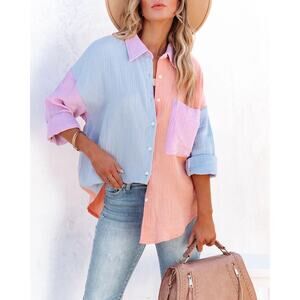 ACOA Cindy Cotton Colorblock Button Down Top - Blue Multi - XS